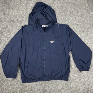 VTG Reebok Jacket Mens XL Blue Windbreaker Full Zip 90s Logo Packable Hood Nylon
